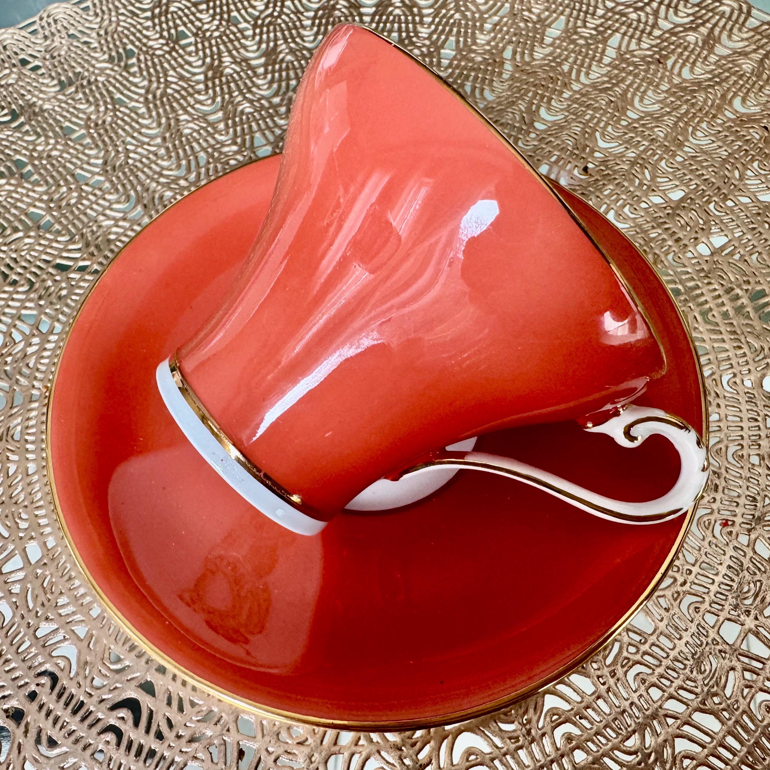 Vintage Aynsley Burnt Orange Teacup & Saucer – Gilded Rose Interior – English Bone China
