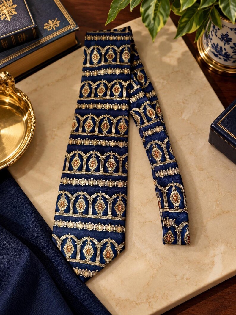 May include: A navy blue necktie featuring a repeating pattern of gold and cream-colored architectural arch motifs with orange diamond-shaped accents. The tie has a smooth, satin-like finish and a pointed tip, displaying a structured, symmetrical design.
