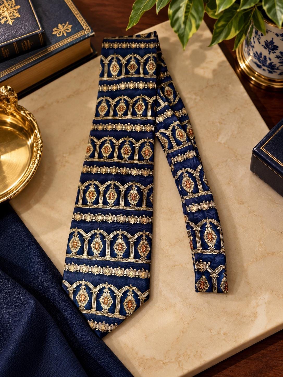 Vintage 100% Silk Ties — Made in USA or Canada — Navy, Cream, Bronze Geometric Pattern