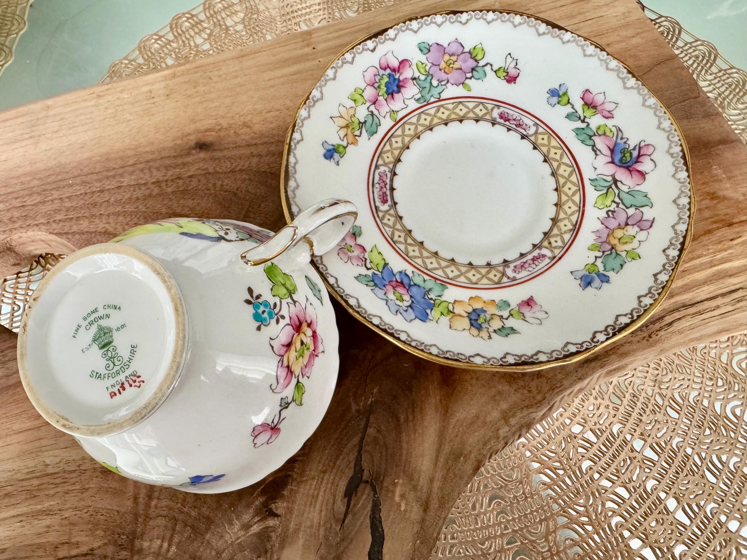 Vintage Crown Staffordshire Cup & Saucer - Hand-Painted Peacock Floral Design