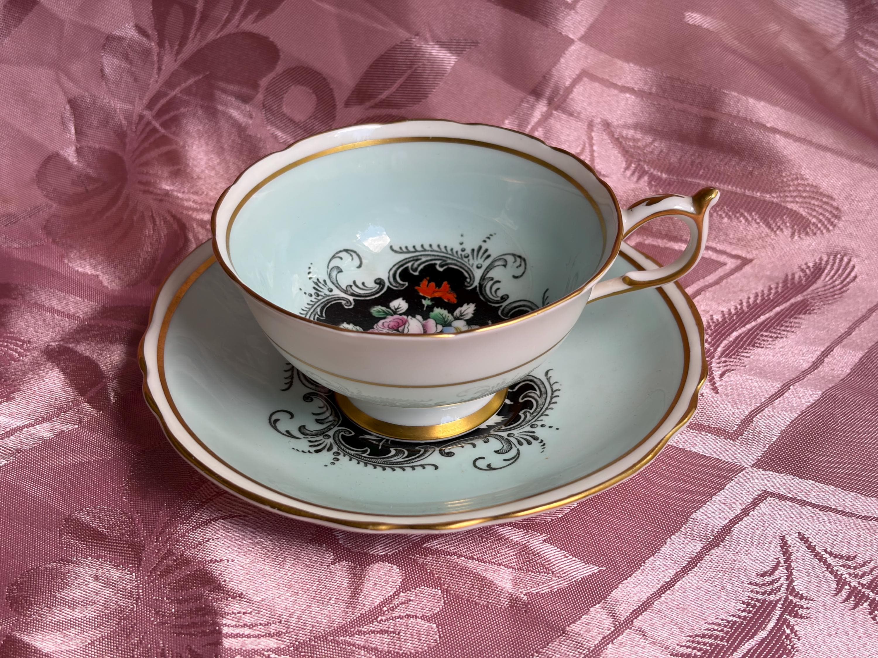 Vintage Paragon Teacup Saucer – Pale Aqua Floral Medallion Gold Trim Bone China