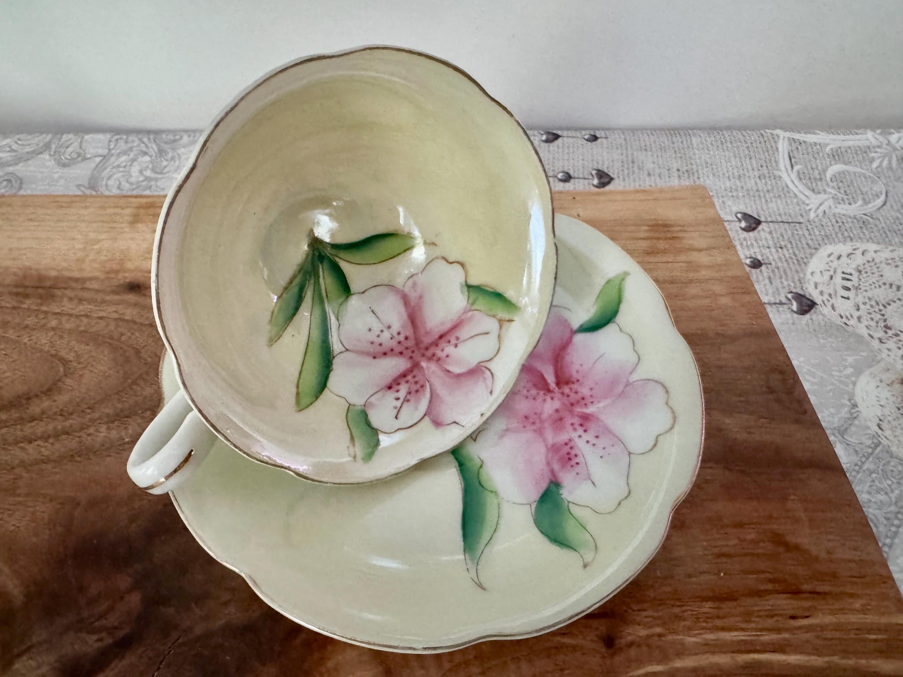 Vintage Shafford Hand-Painted Japanese Teacup & Saucer – Pink Azalea Blossom on Cream Glaze