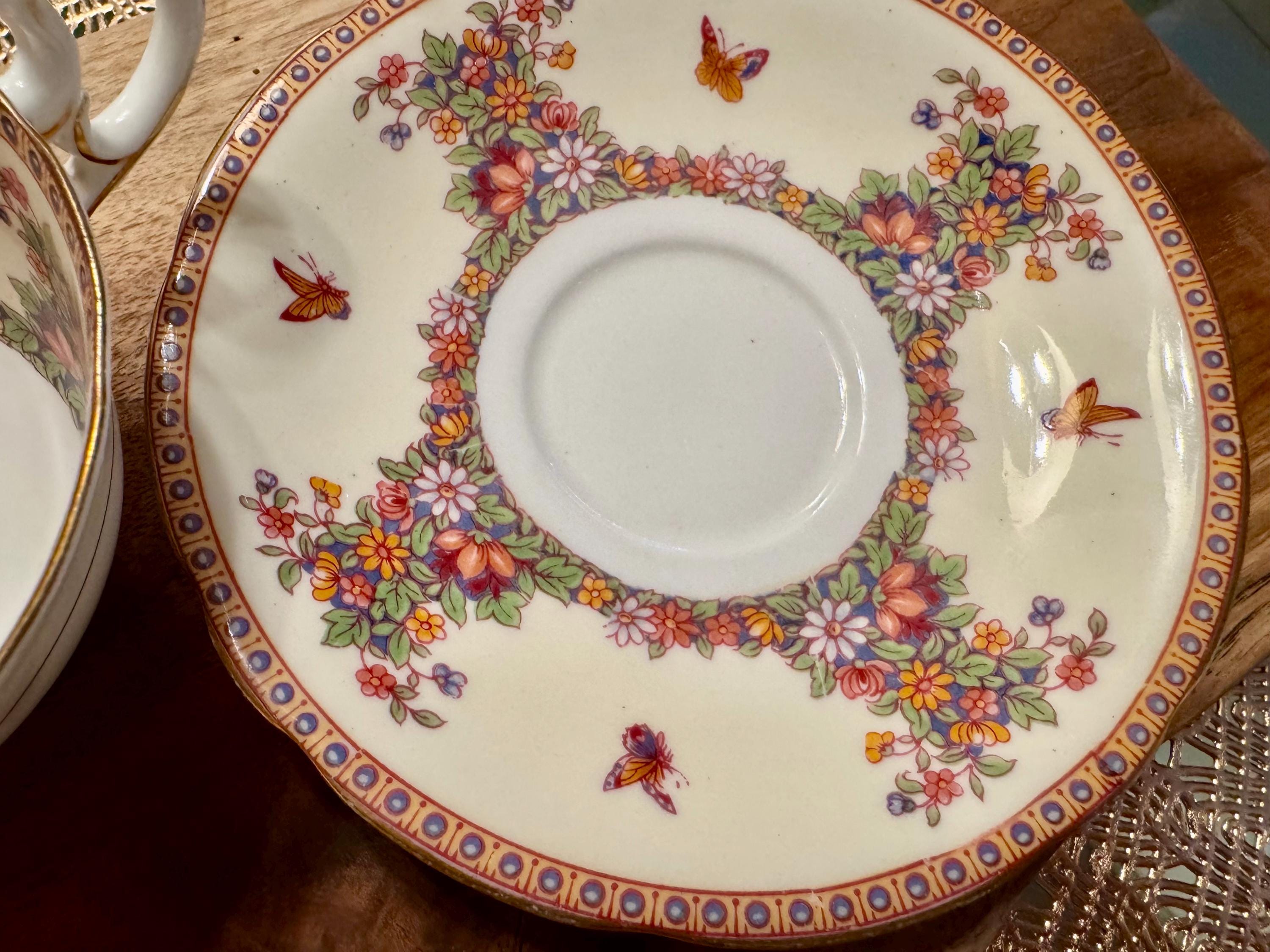 Vintage Aynsley Fine Bone China Tea Cup and Saucer: Floral Butterfly Design