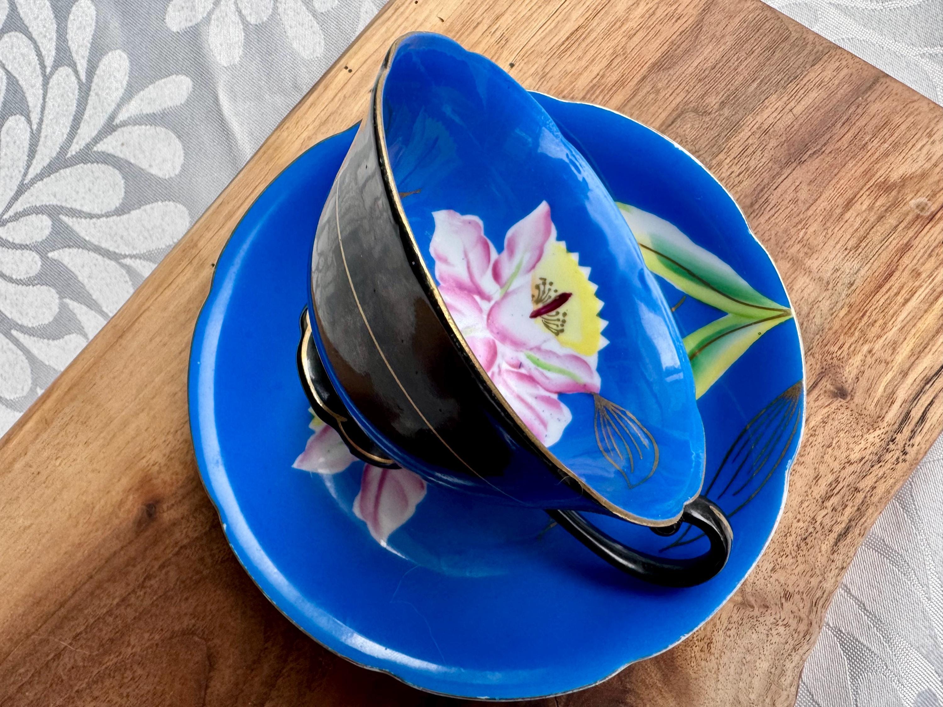 Vintage Princess China Japan Teacup & Saucer – Blue Interior, Black Exterior – Hand-Painted Floral