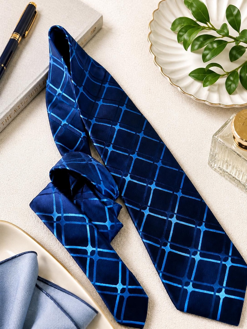 May include: A navy blue tie with a geometric grid pattern in a lighter shade of blue. The tie is made of a shiny fabric and is displayed on a light-colored surface. A matching pocket square is visible.