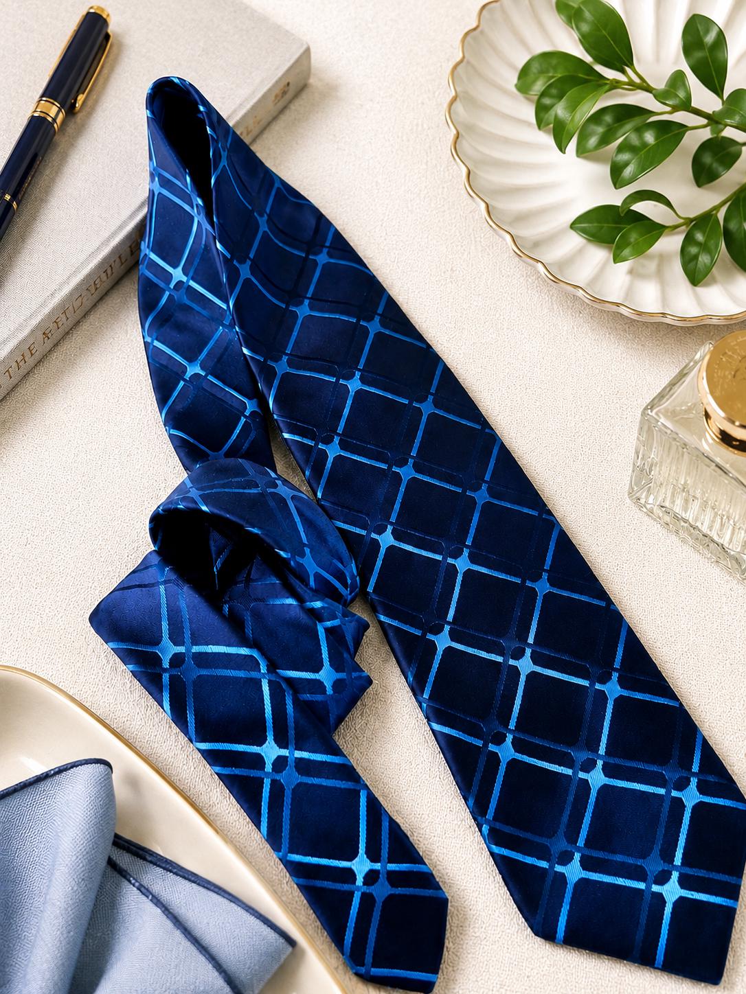 Vintage MEXX Geometric Silk Tie — Navy & Blue Modern Graphic Pattern