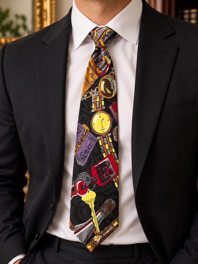 May include: A black necktie featuring a vibrant, multi-colored print of various objects including a yellow pocket watch, a red key tag, a yellow key, and purple currency notes, all set against a dark background with a subtle, swirling pattern.