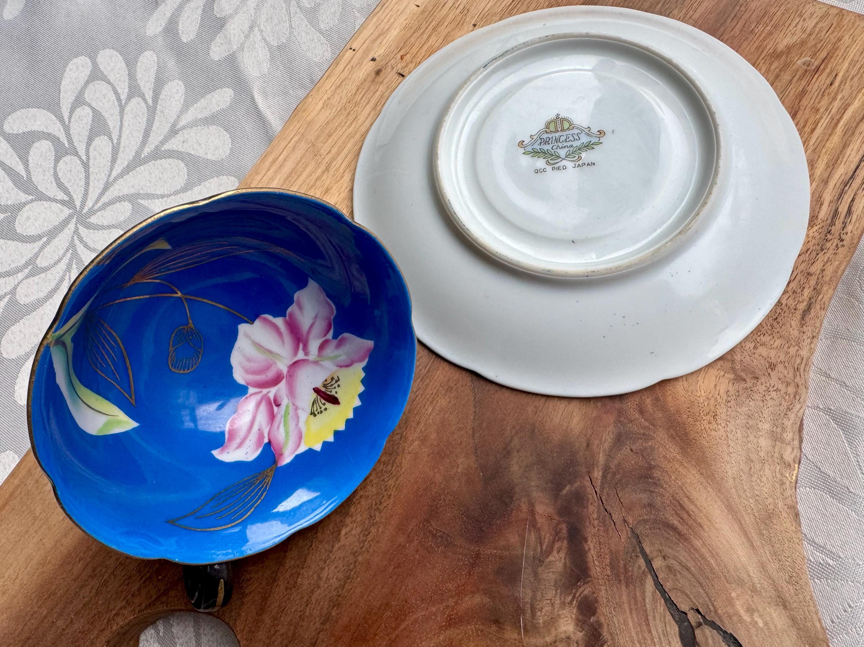 Vintage Princess China Japan Teacup & Saucer – Blue Interior, Black Exterior – Hand-Painted Floral