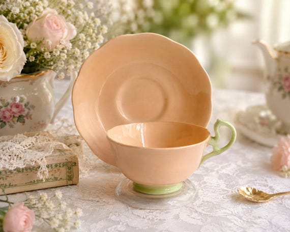 Vintage Royal Albert “Pastella” Teacup & Saucer – Peach Green Bone China – Made in England