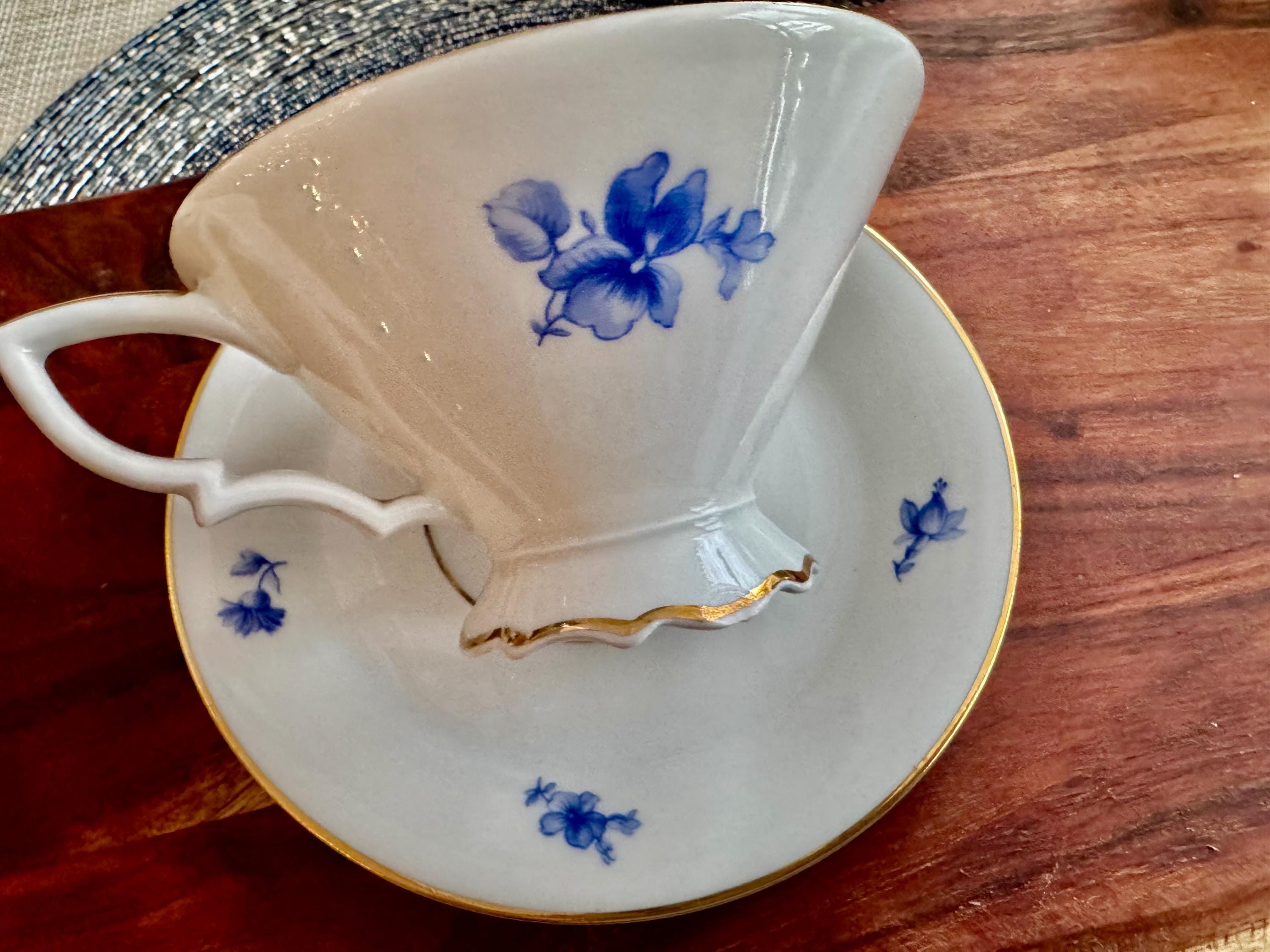 Hutschenreuther Bavaria 2731 Blue Floral Footed Cup & Saucer Set