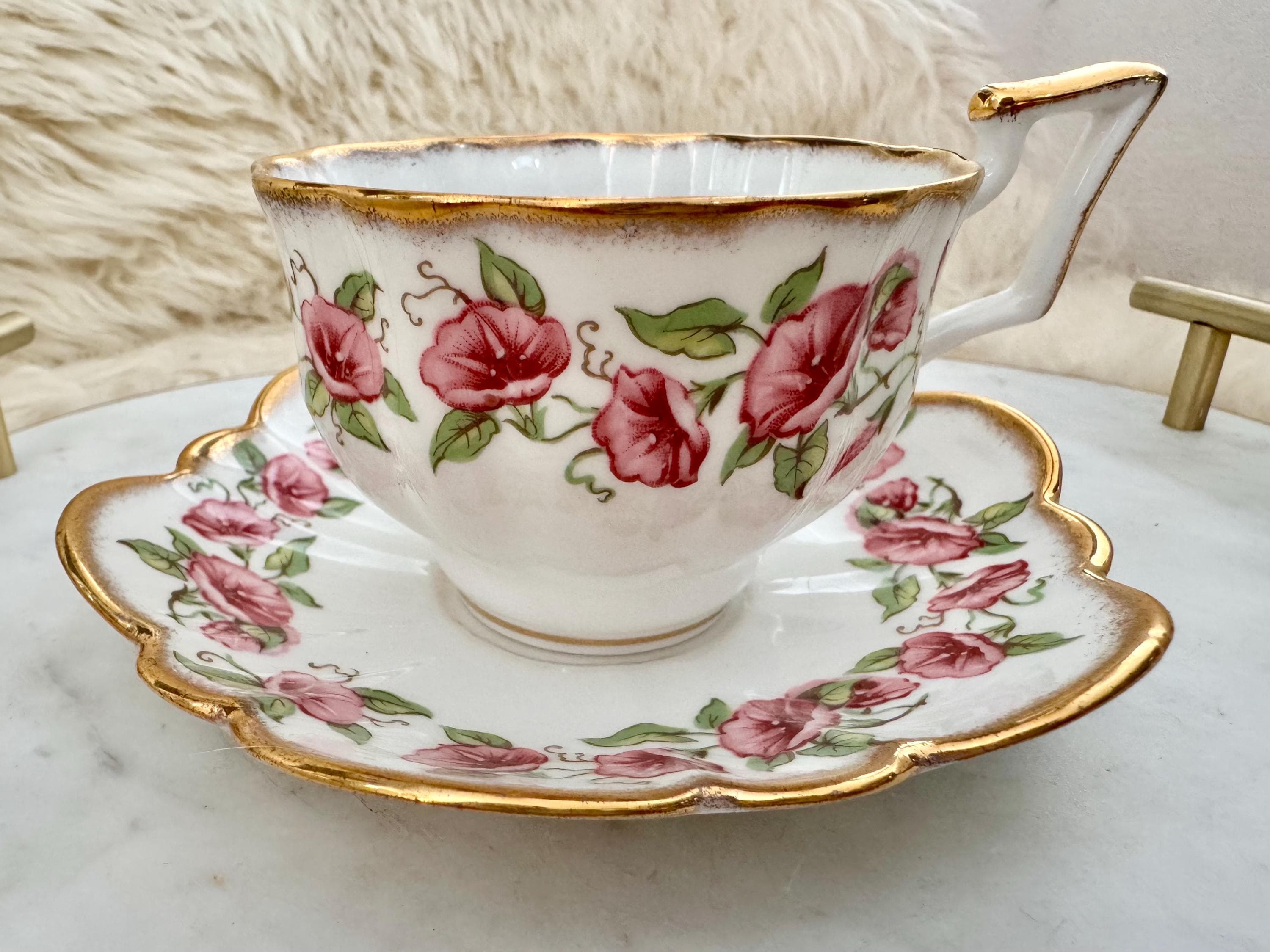 Vintage Salisbury Bone China Teacup & Saucer – Woodbine Morning Glories with Gold Rim