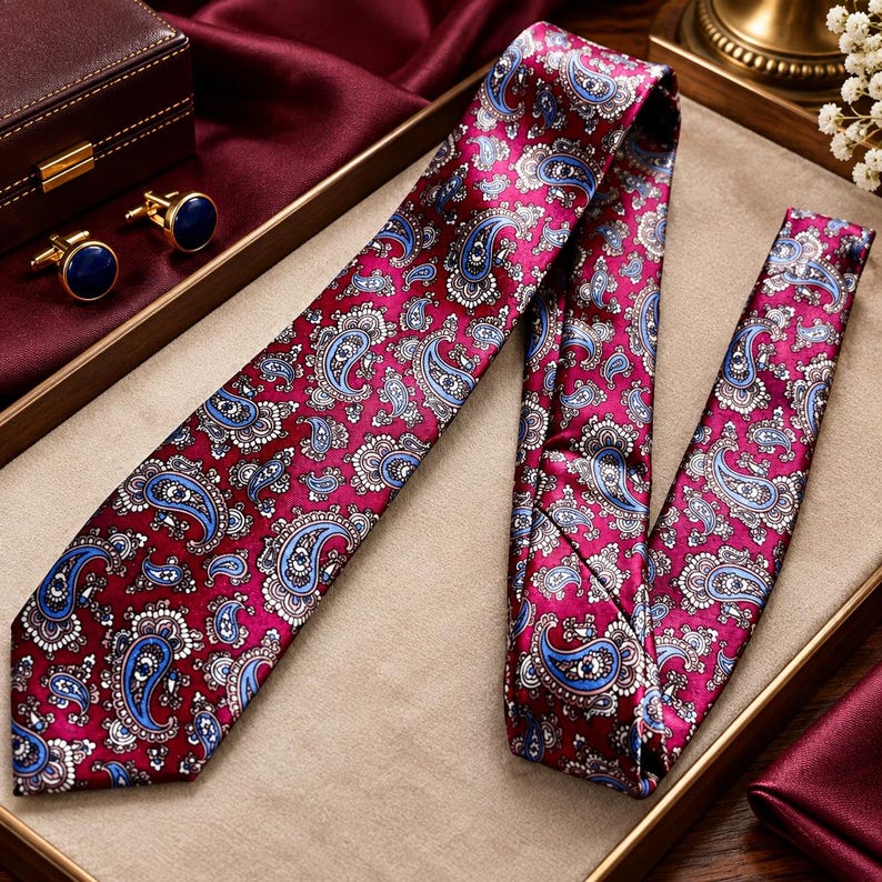 May include: A necktie featuring a deep burgundy background with a repeating paisley pattern in shades of light blue, white, and dark blue. The tie is accompanied by a pair of gold-toned cufflinks with circular dark blue centers.