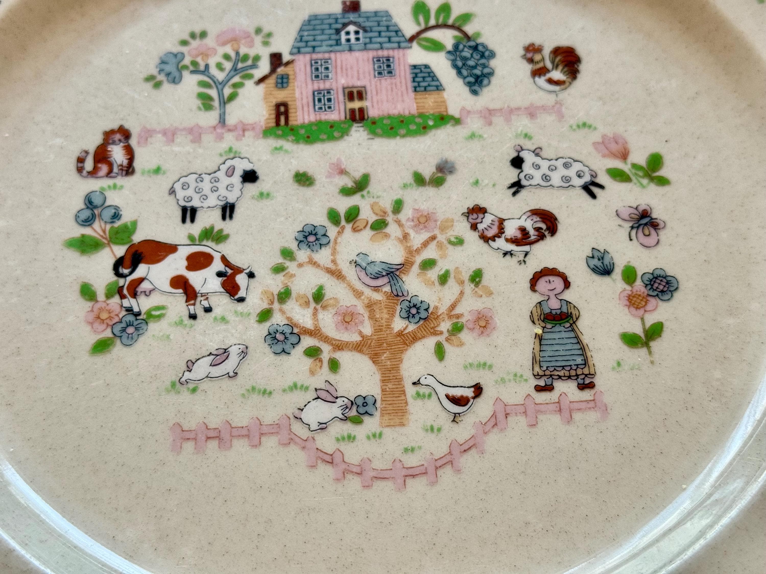 Vintage Japanese Stoneware Dinner Plate 10.5” — Farmhouse Pastoral Scene — Made in Japan