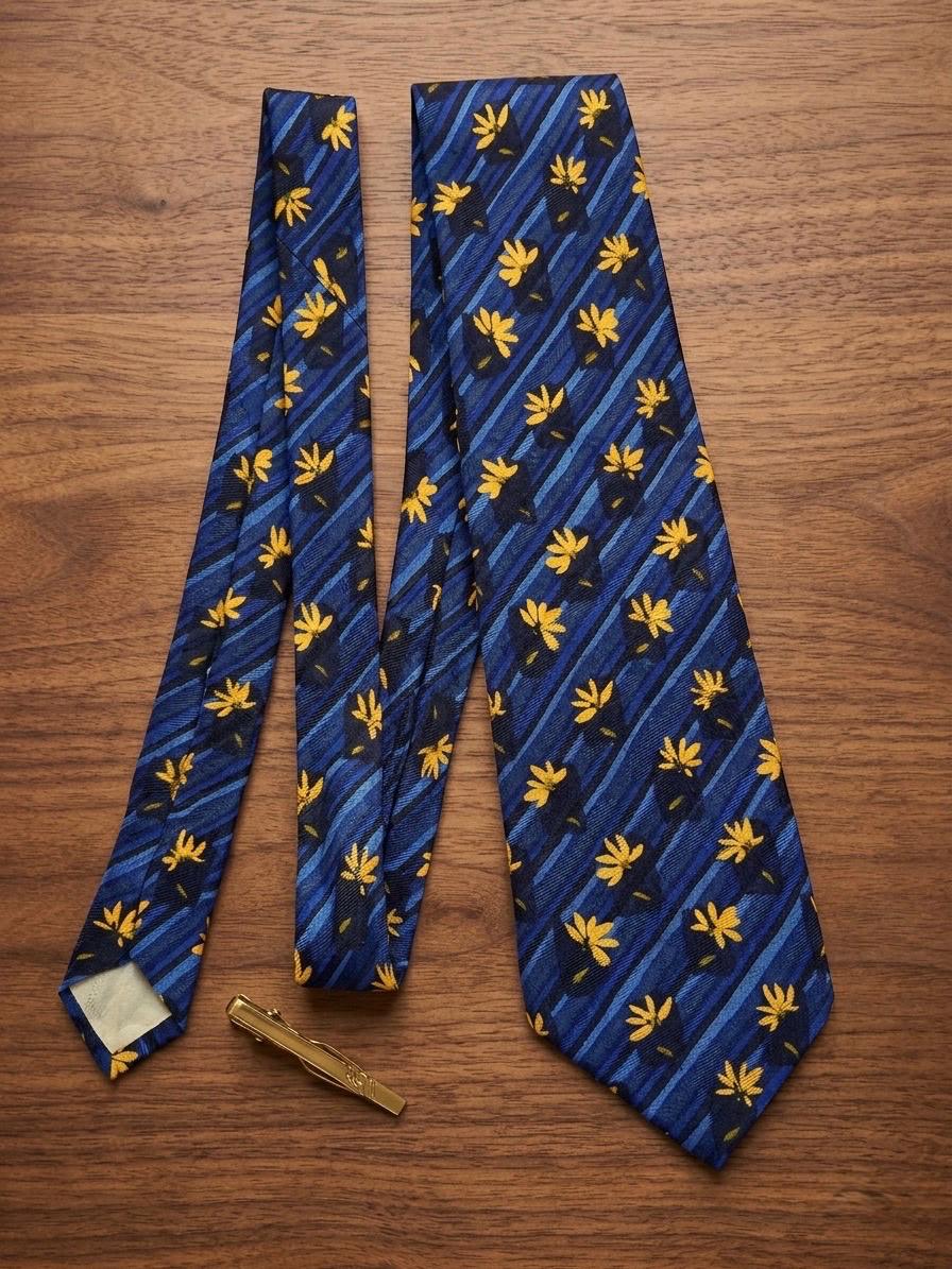 Vintage Fumaralli’s Italian Silk Floral Necktie – Blue & Gold Designer Tie – Made in Italy