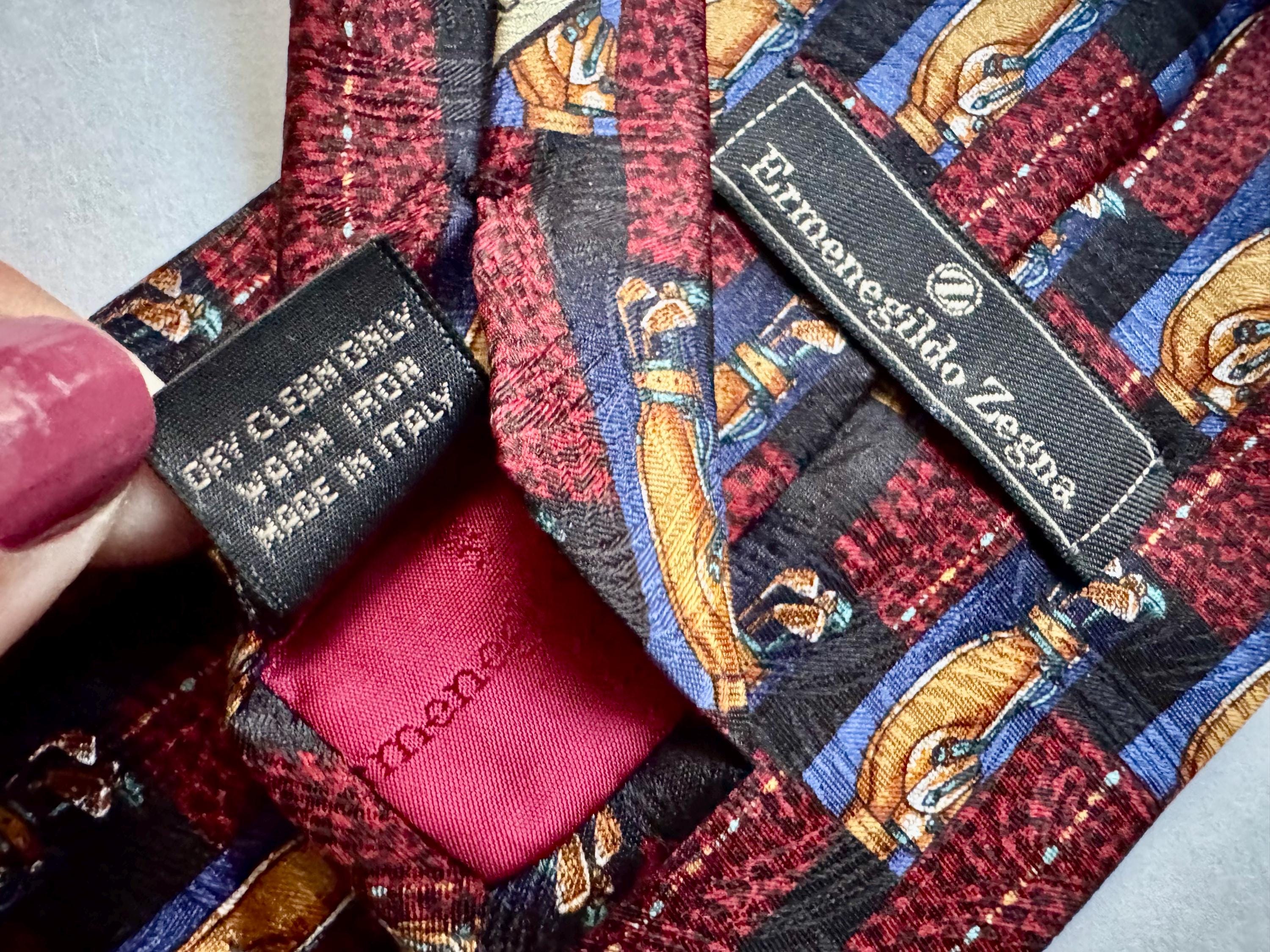 Vintage Ermenegildo Zegna — Silk Golf Tie — Made in Italy — Burgundy, Navy & Gold Designer Necktie