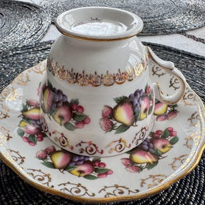 Vintage Colclough Teacup and Saucer Set – Fruit & Gold Filigree Design