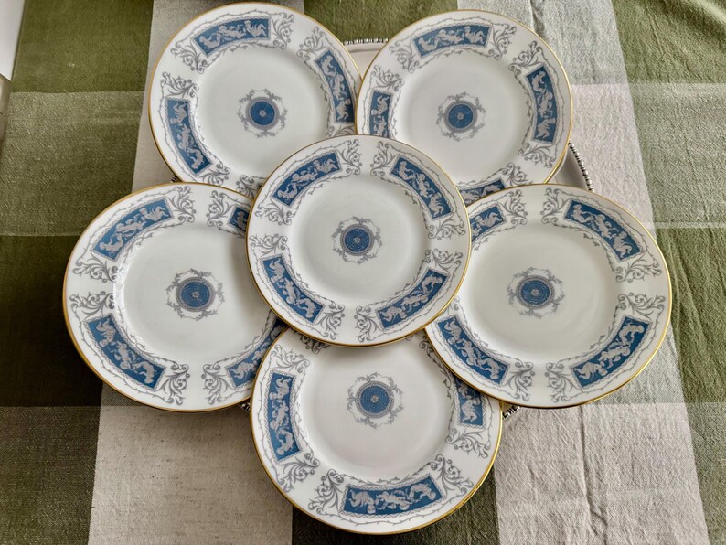 Set of 7 Coalport Revelry Dessert Plates – Blue White Bone China, Gold Rim image 6