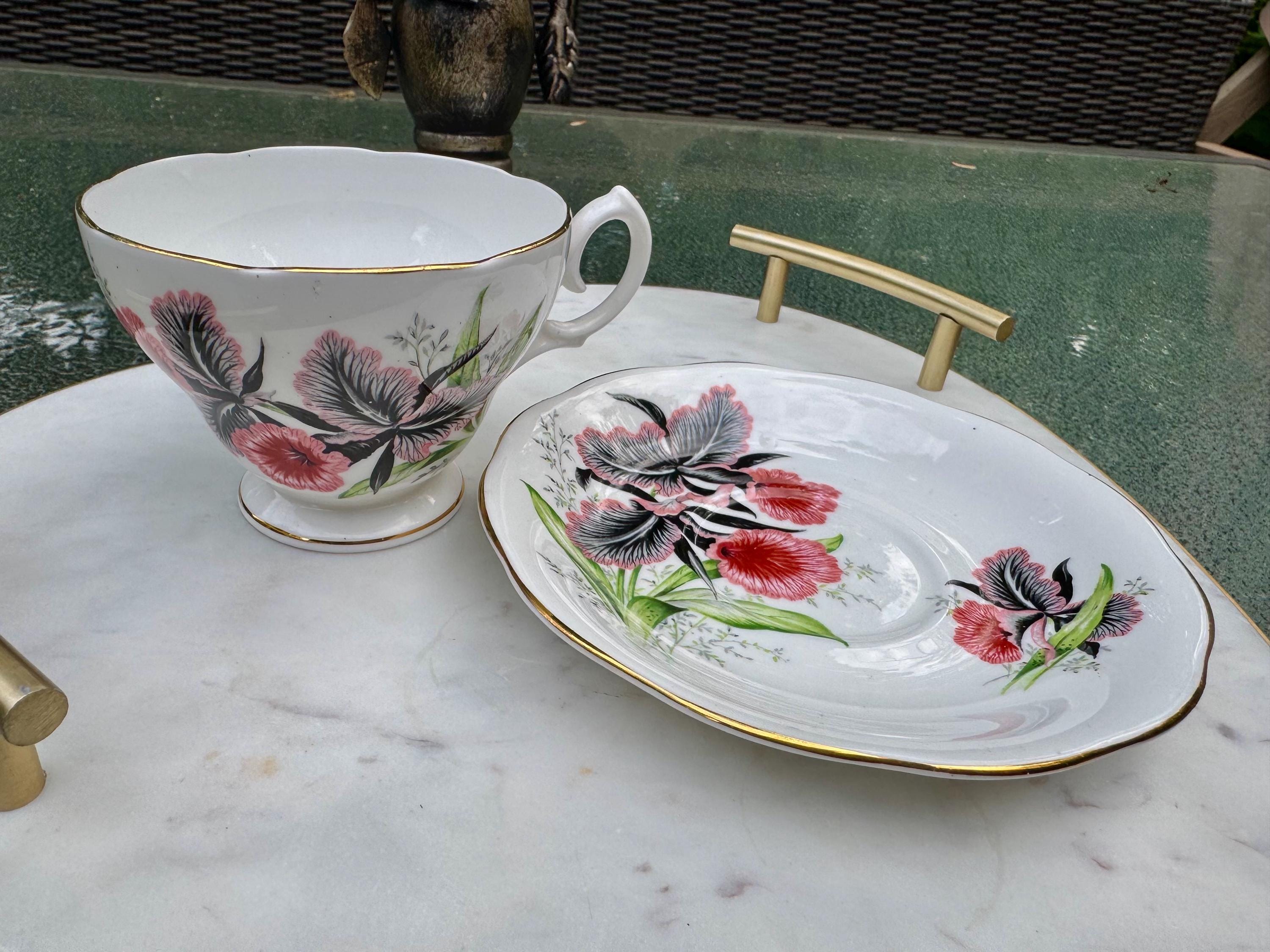 Vintage Queen Anne Bone China Teacup & Saucer – Dramatic Pink Black Orchid Blooms