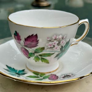 May include: White teacup and saucer set with gold trim. The cup and saucer are decorated with a floral design featuring pink and green leaves and flowers. The teacup has a curved handle.
