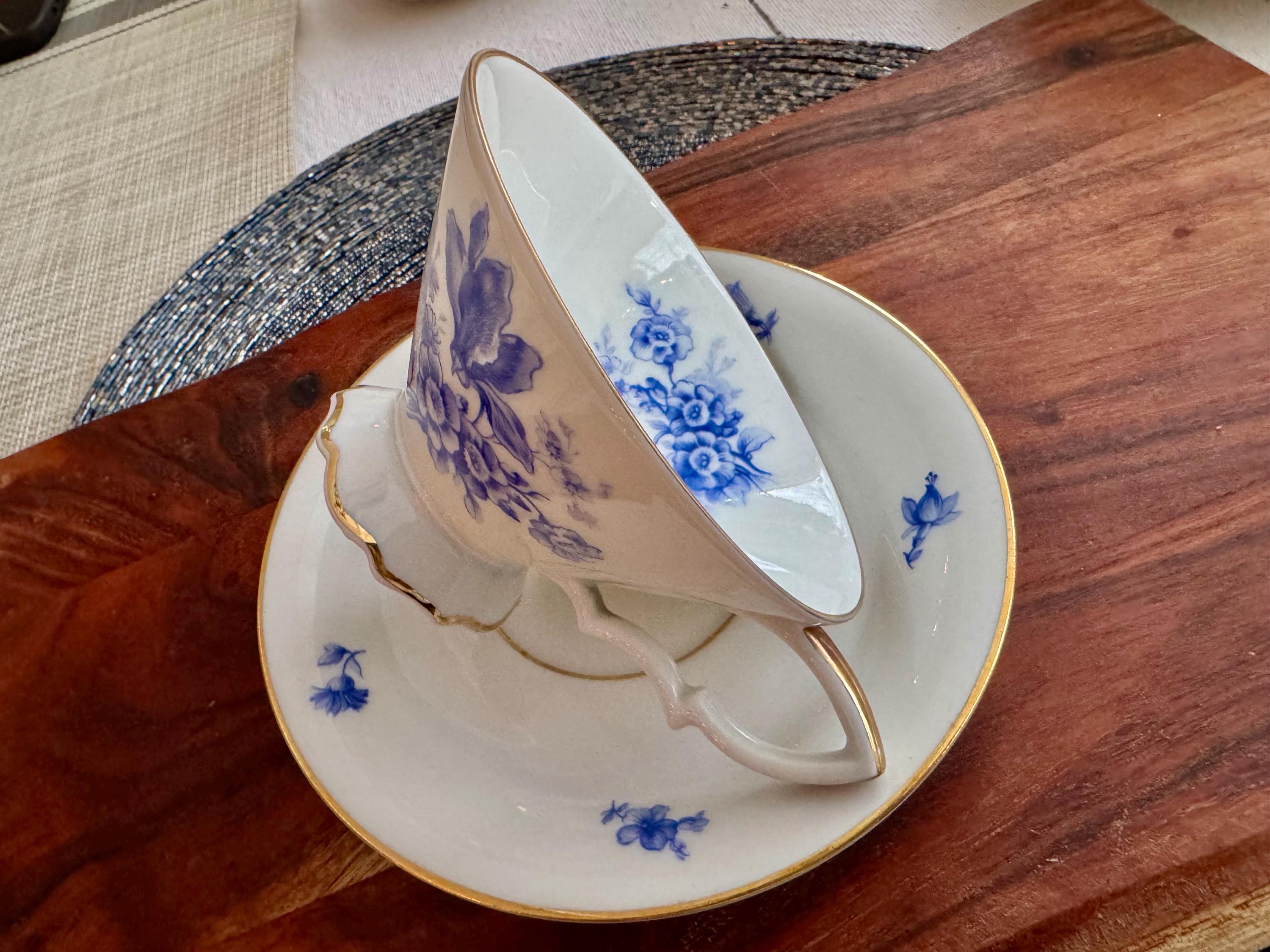 Hutschenreuther Bavaria 2731 Blue Floral Footed Cup & Saucer Set