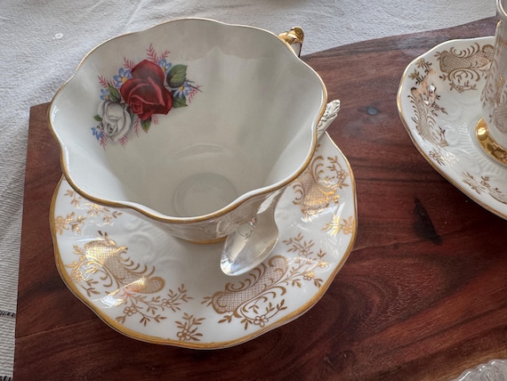 Vintage Queen Anne Fine Bone China Teacup & Saucer with Heavy Gold Detailing