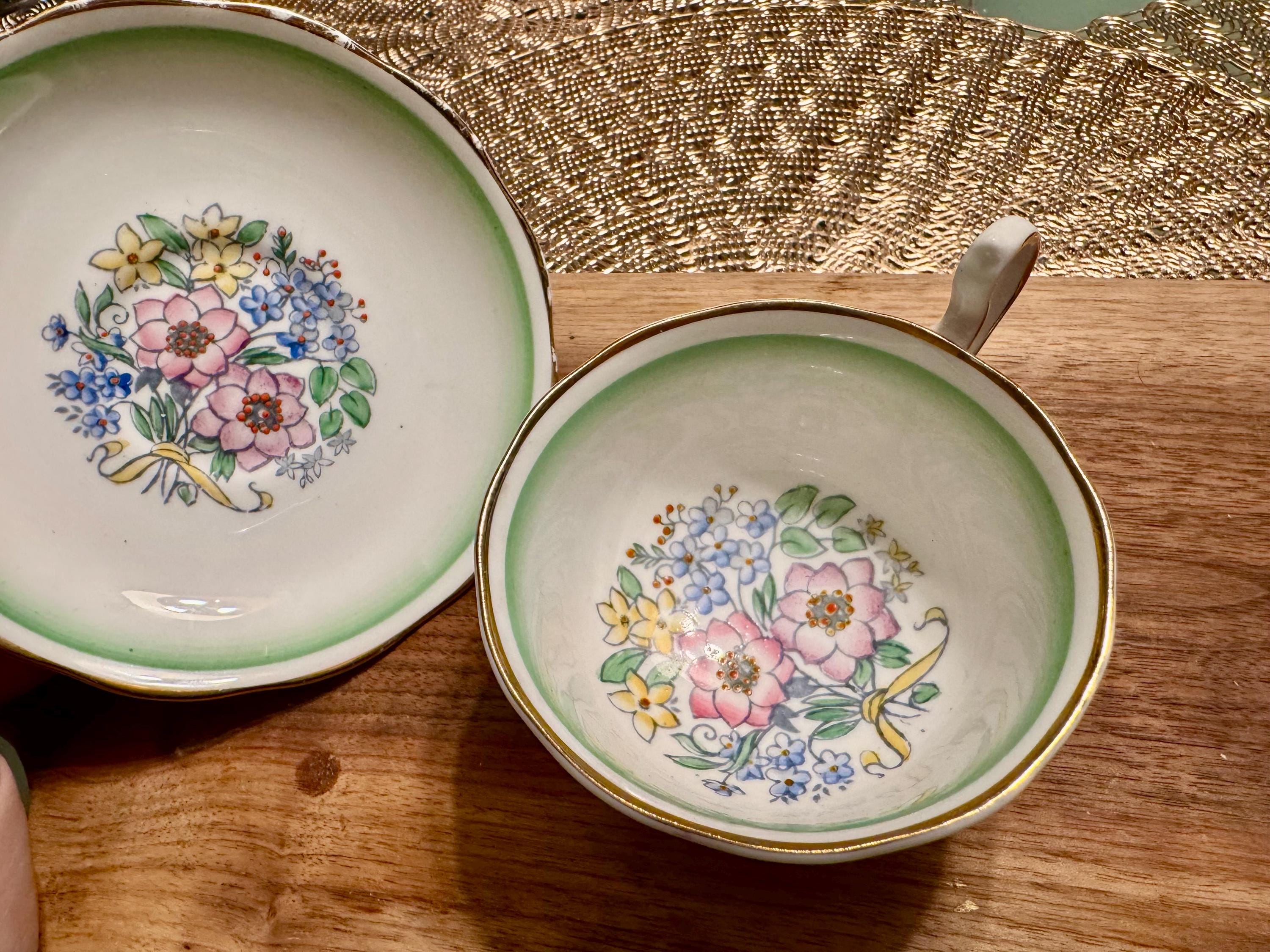 Vintage Royal Albert Bone China Cup and Saucer: Floral Bouquet, Green Trim