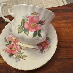 Puede incluir: Una taza de t&eacute; y un platillo blancos con un borde dorado y un patr&oacute;n floral con rosas rosas.