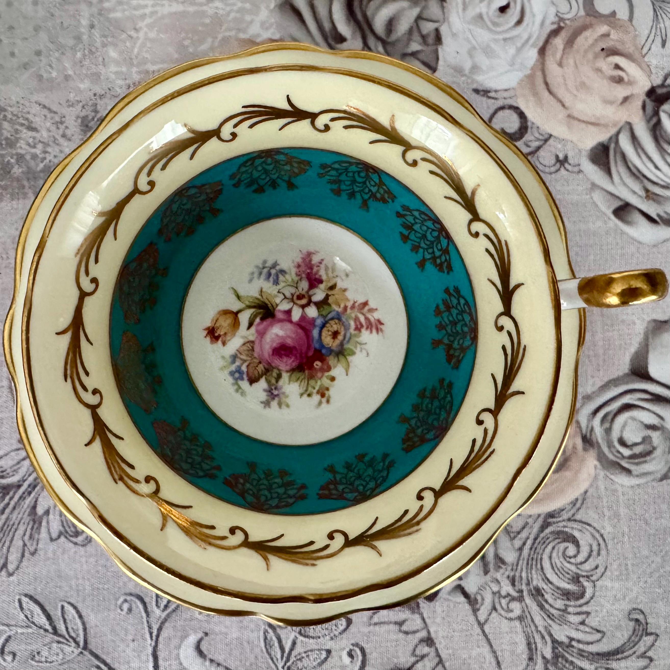 Vintage Foley Bone China Teacup & Saucer – Turquoise Gold with Floral Bouquet – Made in England
