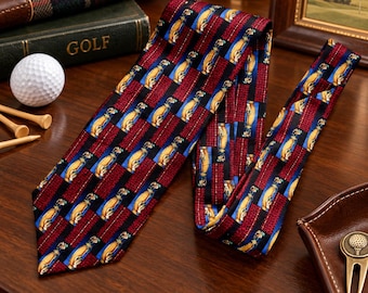 May include: A necktie featuring a repeating pattern of yellow golf bags on blue squares, separated by vertical stripes of textured dark red fabric. The tie displays a consistent graphic print of golf equipment across its entire length.