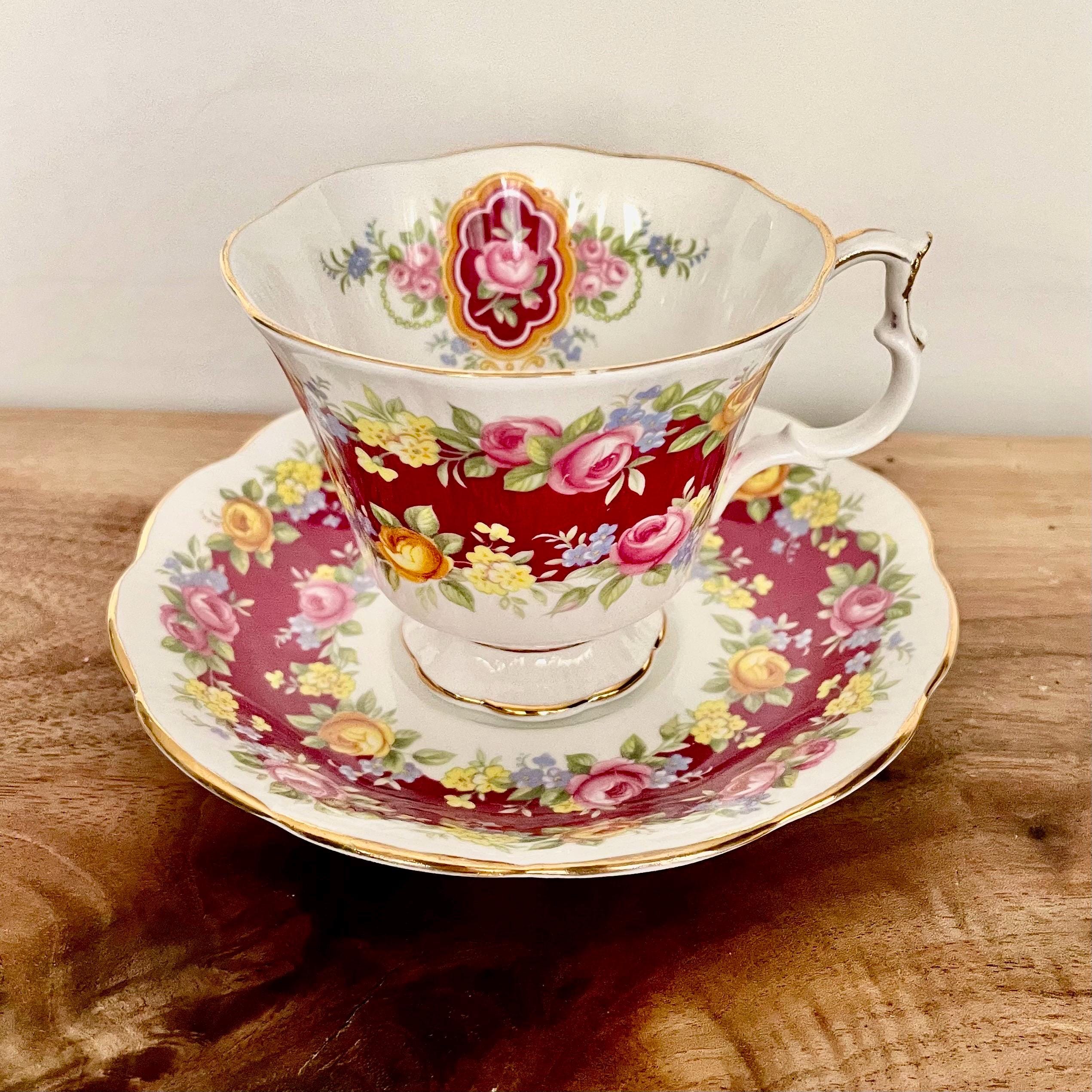 Vintage Royal Albert Garland Series “Elegance” Teacup & Saucer – Crimson Red Floral Garland