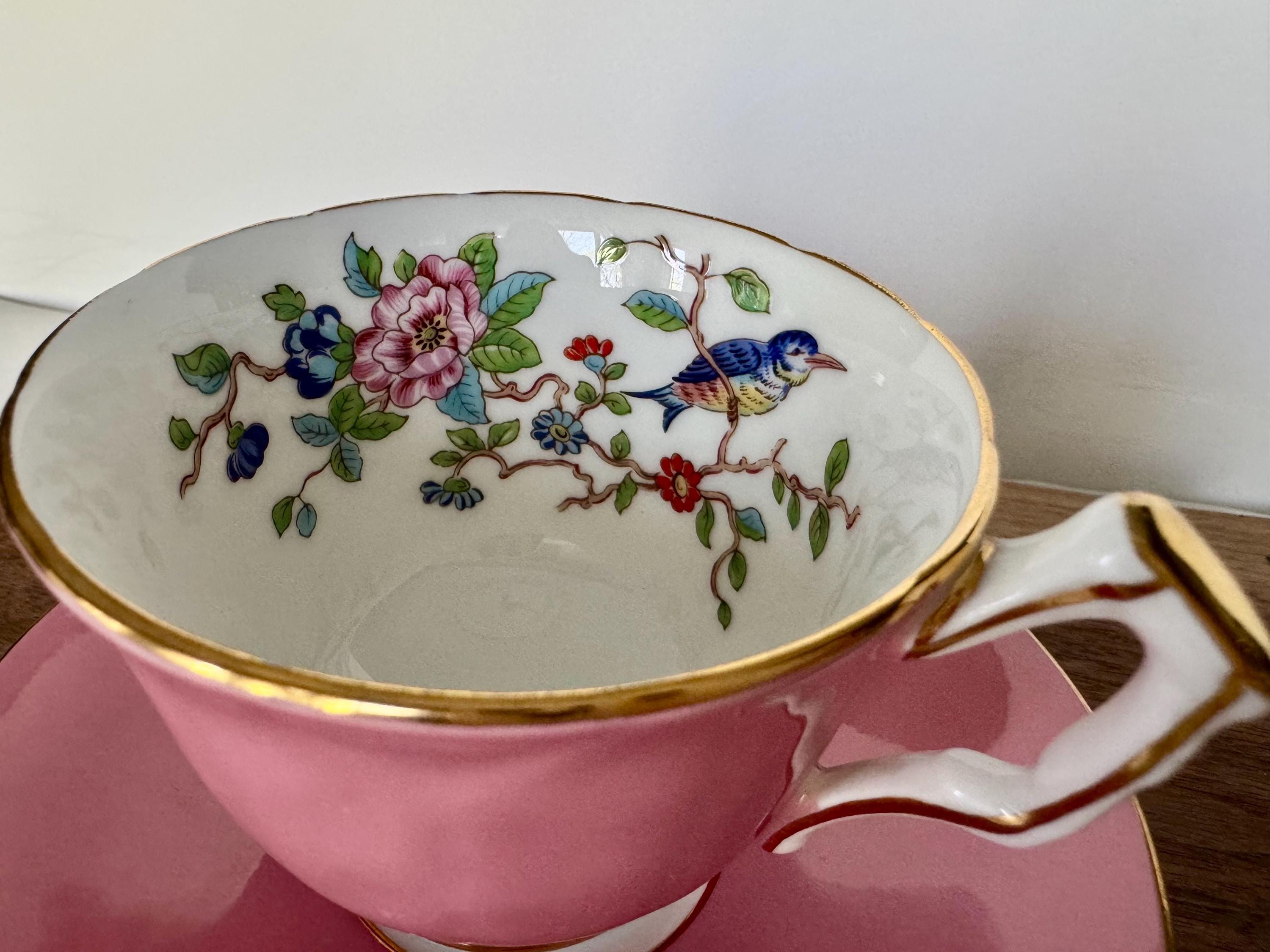 Rare Vintage Aynsley “Pembroke” Teacup & Saucer – Pink with Bird and Blossom Interior!