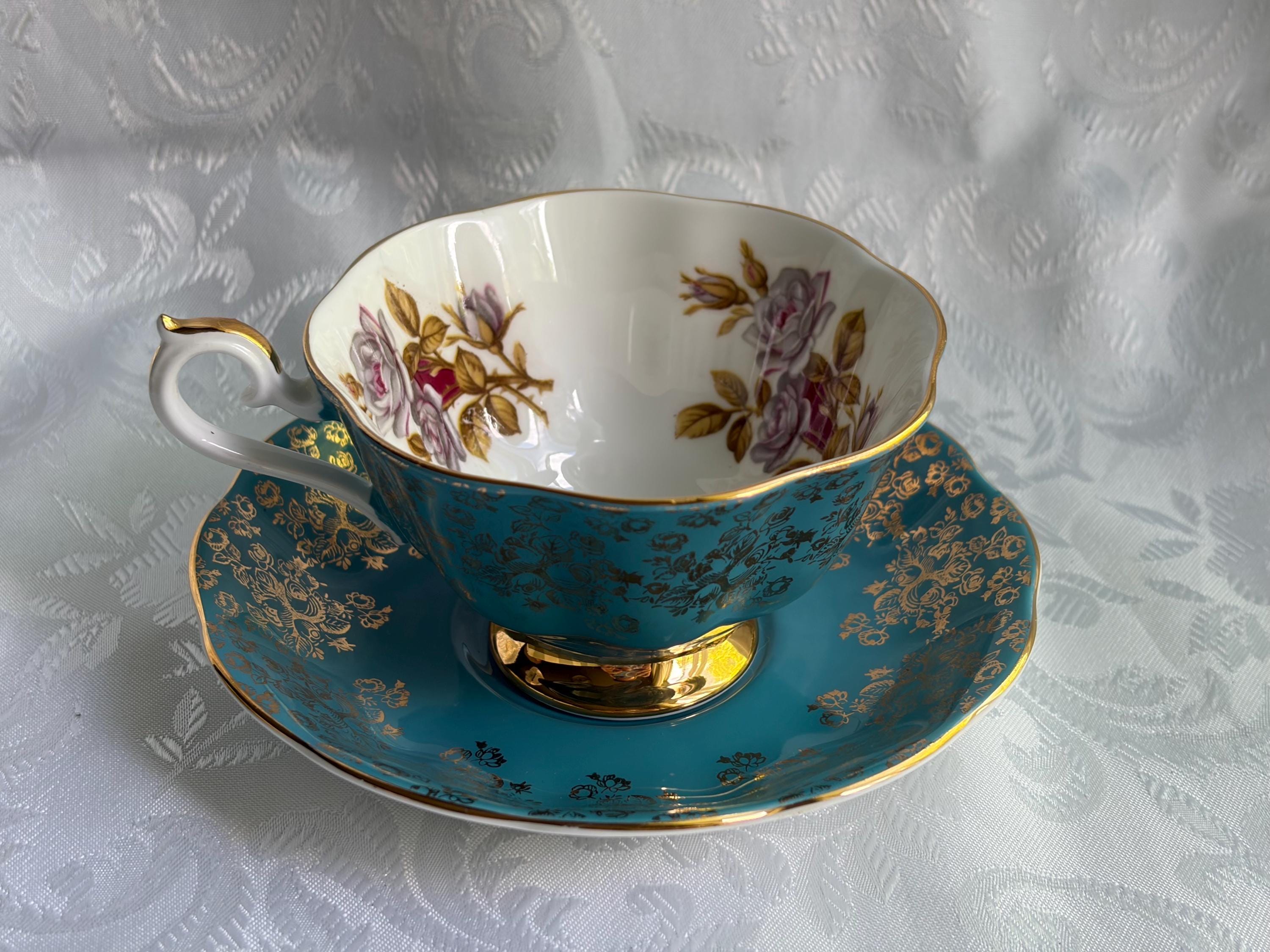 Royal Albert Turquoise Gold Bone China Teacup Saucer – Rose Floral England