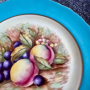May include: A decorative plate with a vibrant turquoise rim and a detailed fruit design. The central image features a cluster of purple grapes, peaches, and green leaves, painted in soft, natural colors. The plate has a scalloped edge.