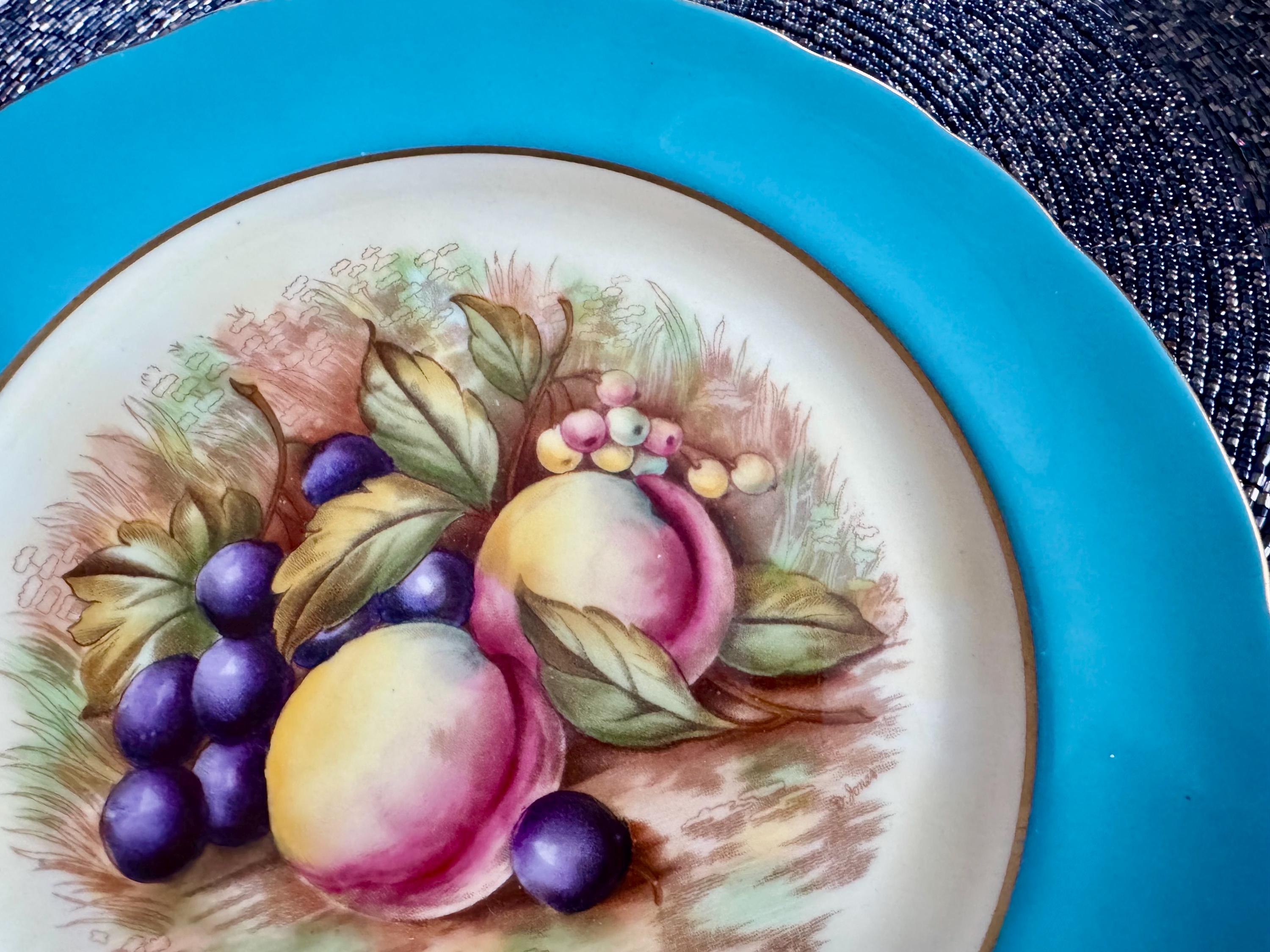 Vintage Aynsley Orchard Fruit Salad Plate: Hand-Painted Fine Bone China, Turquoise Rim
