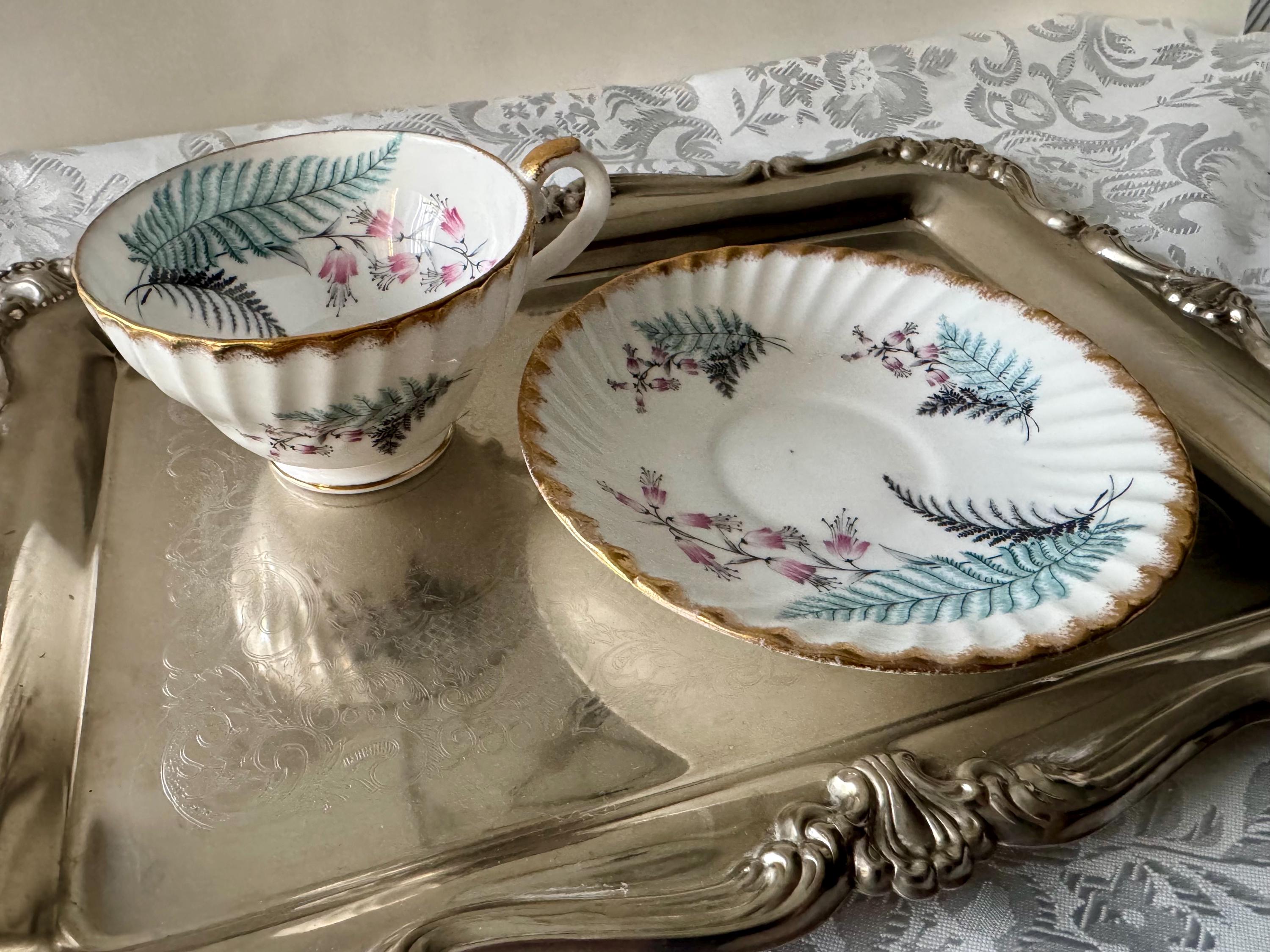 Vintage Stanley Bone China Teacup Set – Fern & Heather, Gold Trim