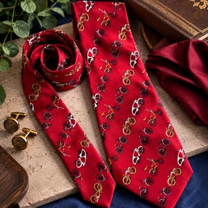 May include: A red necktie featuring a repeating pattern of yellow and white vintage-style bicycles, accompanied by a pair of round gold-toned cufflinks with a wheel spoke design and a matching solid red pocket square.
