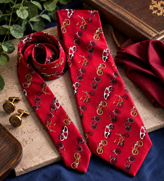 Vintage exerSTUFF 100% Silk Bicycle Necktie | Red Novelty Bike Print Tie | Cycling Enthusiast Gift