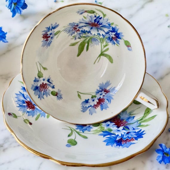 Vintage Hammersley Cornflower Teacup & Saucer – Fine Bone China England – Blue Florals Gold Trim