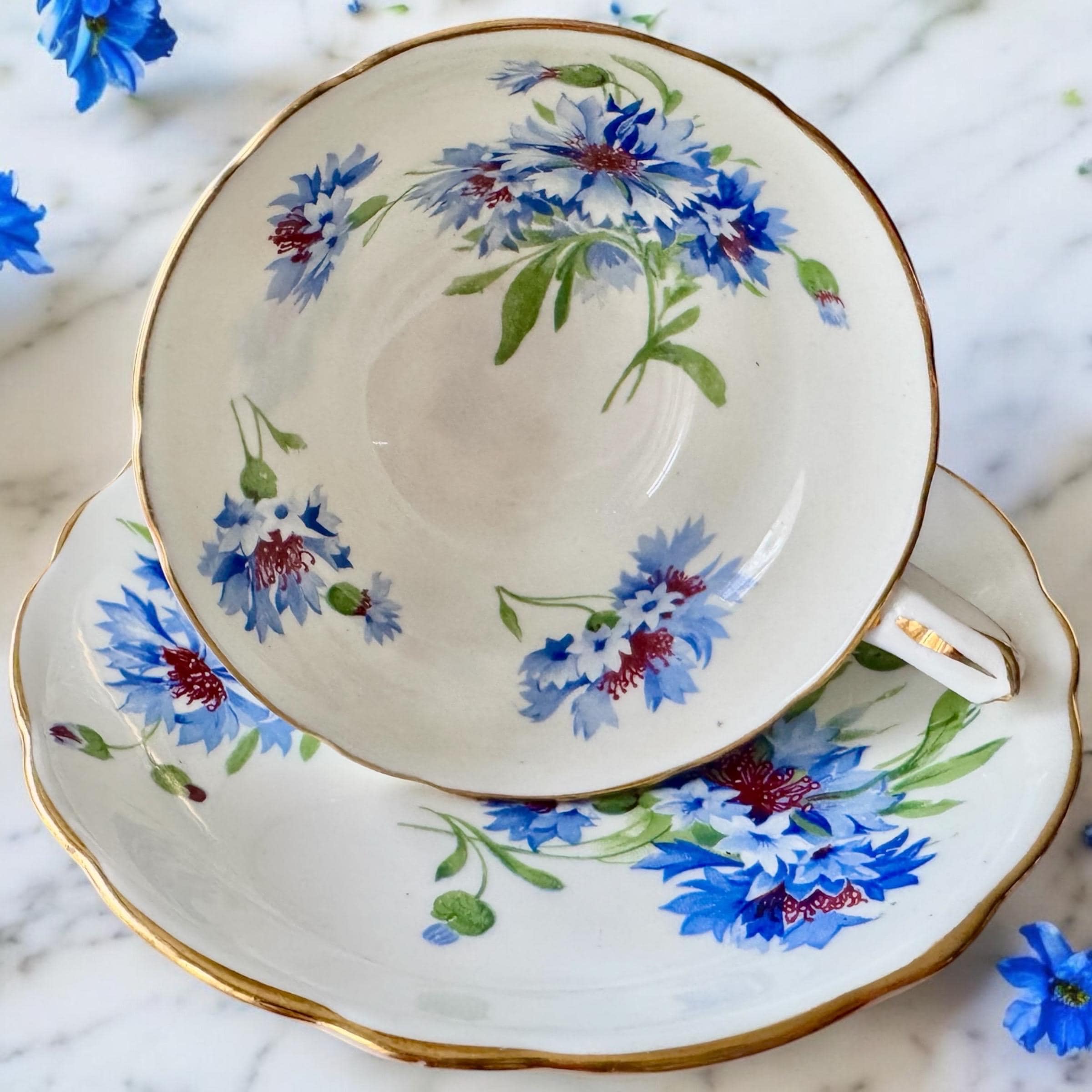 Vintage Hammersley Cornflower Teacup & Saucer – Fine Bone China England – Blue Florals Gold Trim
