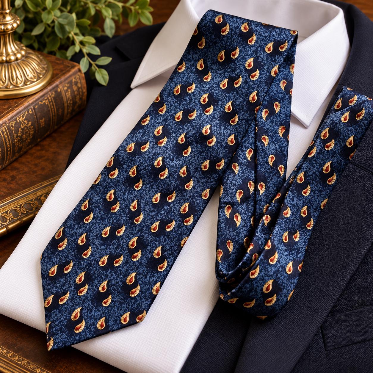 Vintage 100% Silk Ties — Made in USA or Canada — Navy, Cream, Bronze Geometric Pattern
