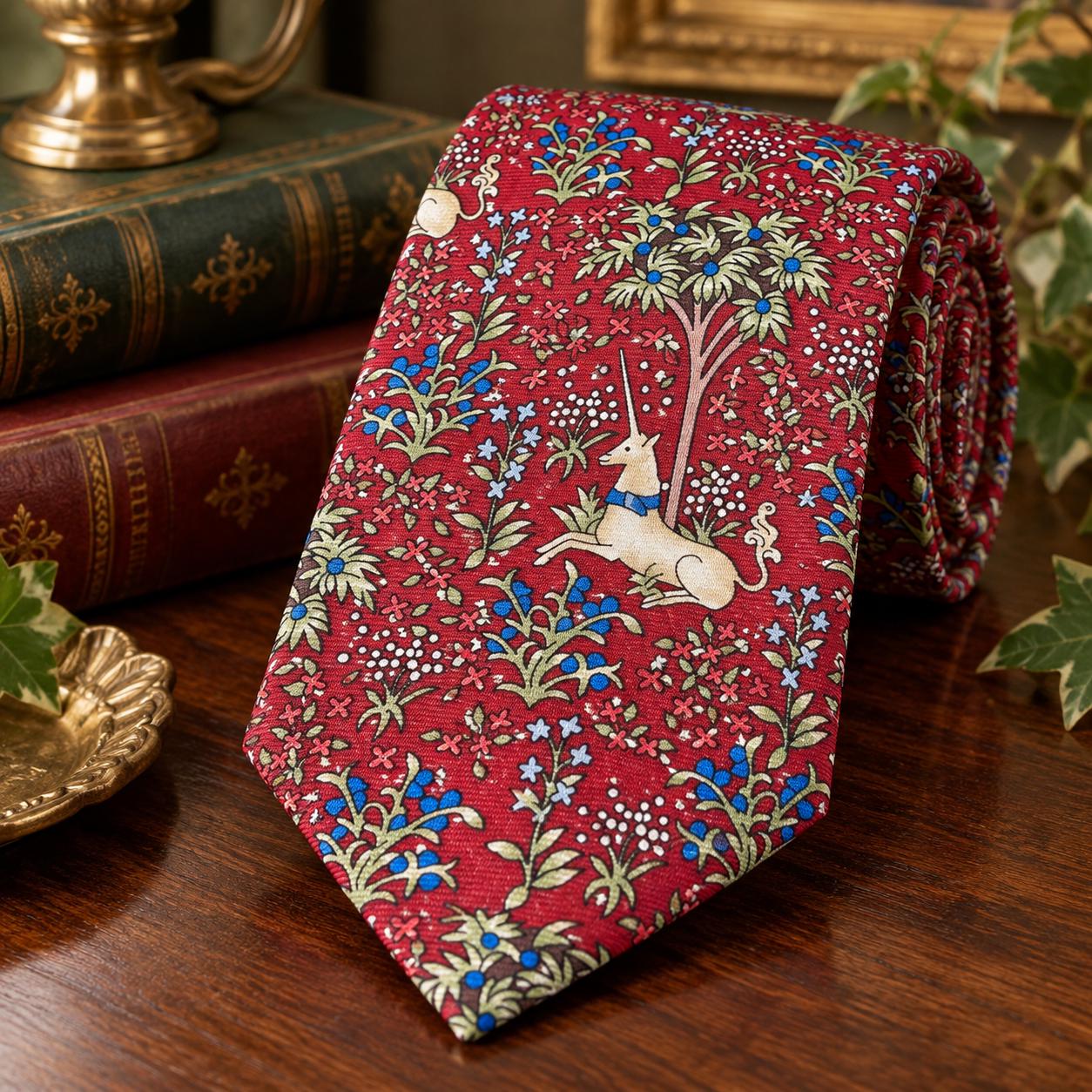 The Met Store Unicorn in a Garden Silk Necktie – Medieval Tapestry Museum Art Tie – 100% Silk