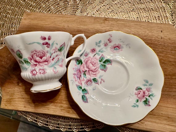 Vintage Royal Albert Bone China Cup and Saucer - Pink Rose Pattern with Gold Trim