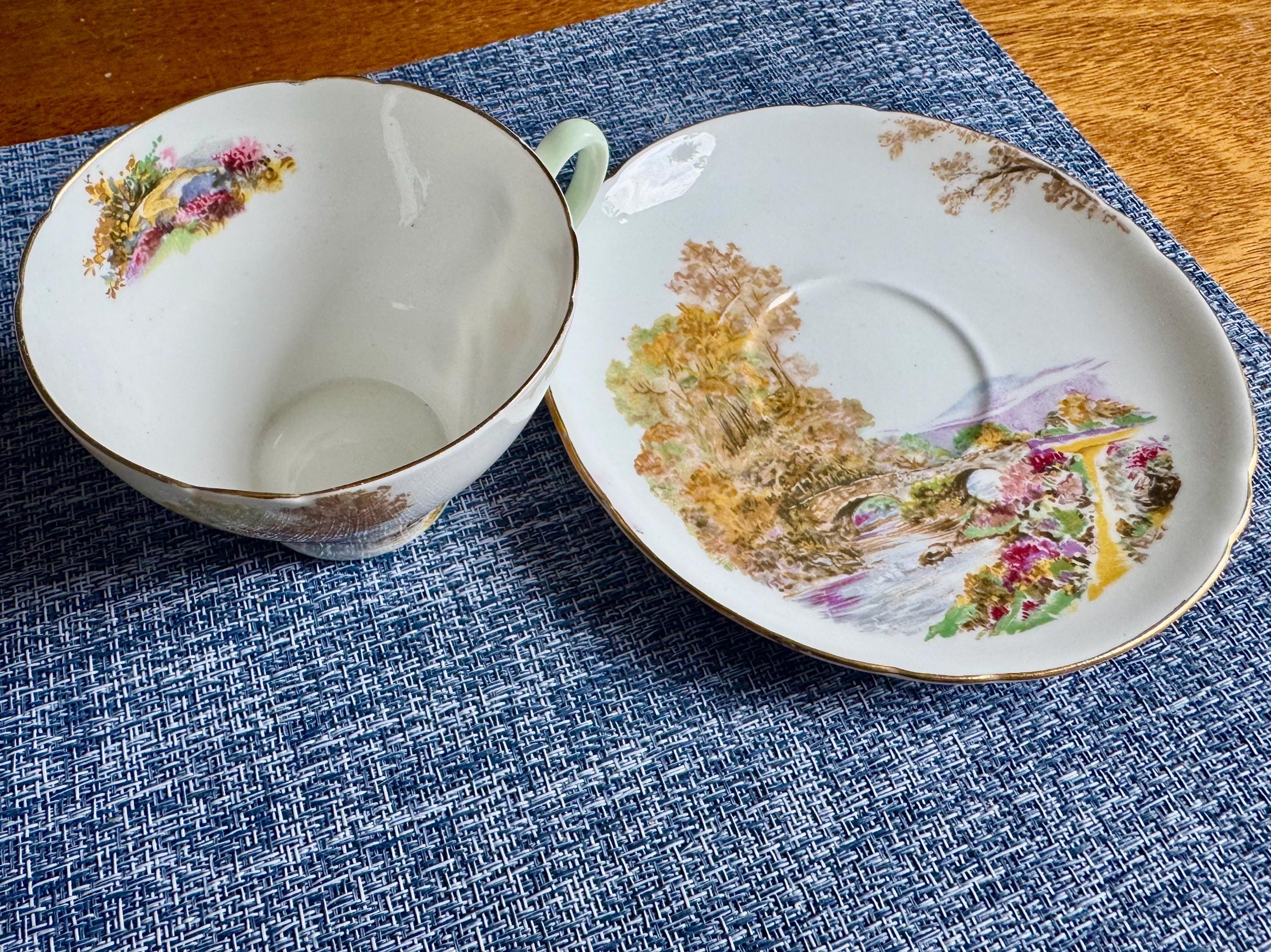 Vintage Shelley “Heather” Bone China Teacup & Saucer — Scenic Landscape — England