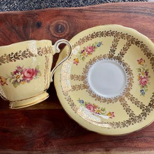 Vintage Aynsley Bone China Teacup & Saucer — Yellow or Green Gold Laurel, Floral Decor image 2