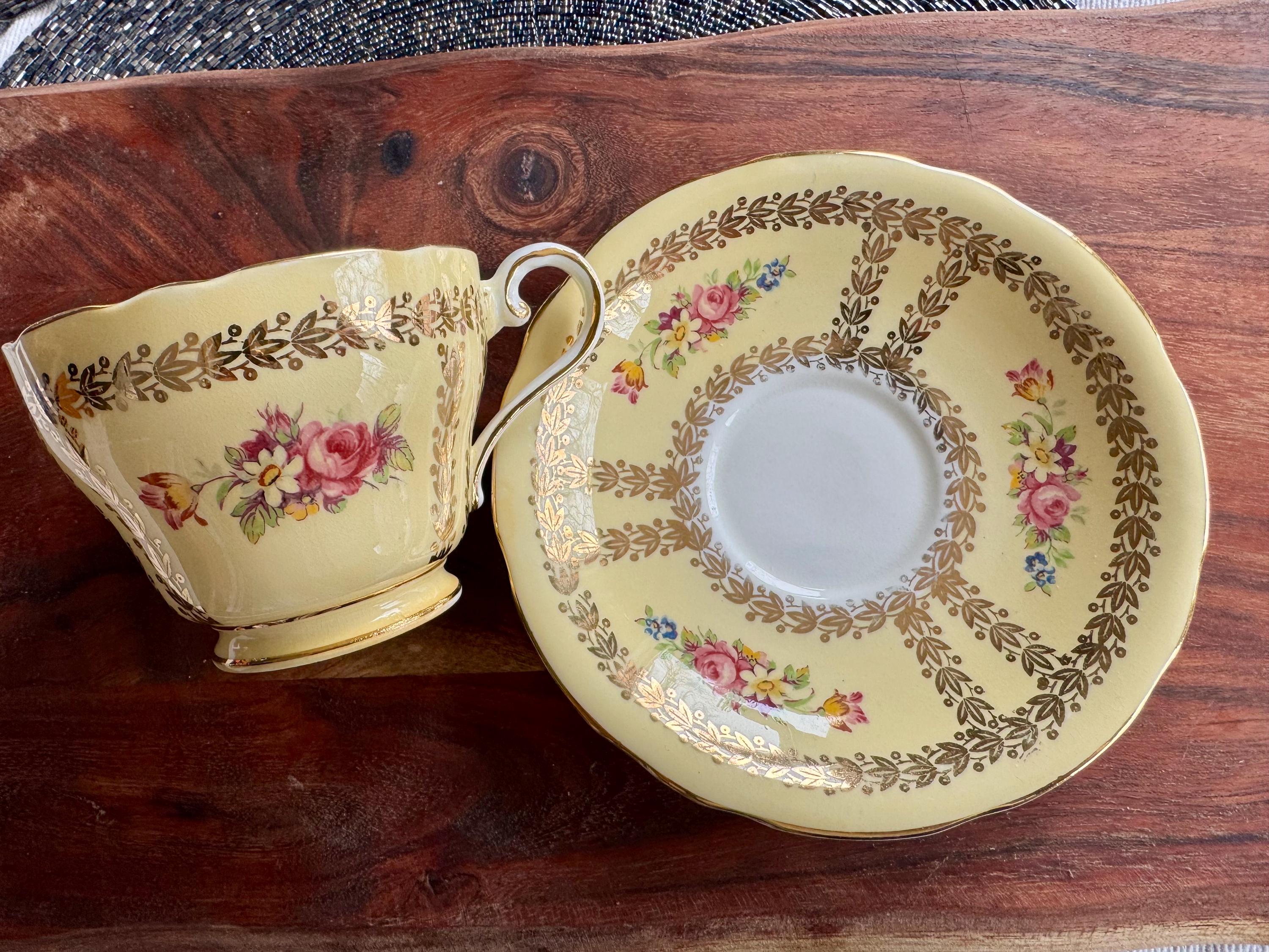 Vintage Aynsley Bone China Teacup & Saucer — Yellow or Green Gold Laurel, Floral Decor