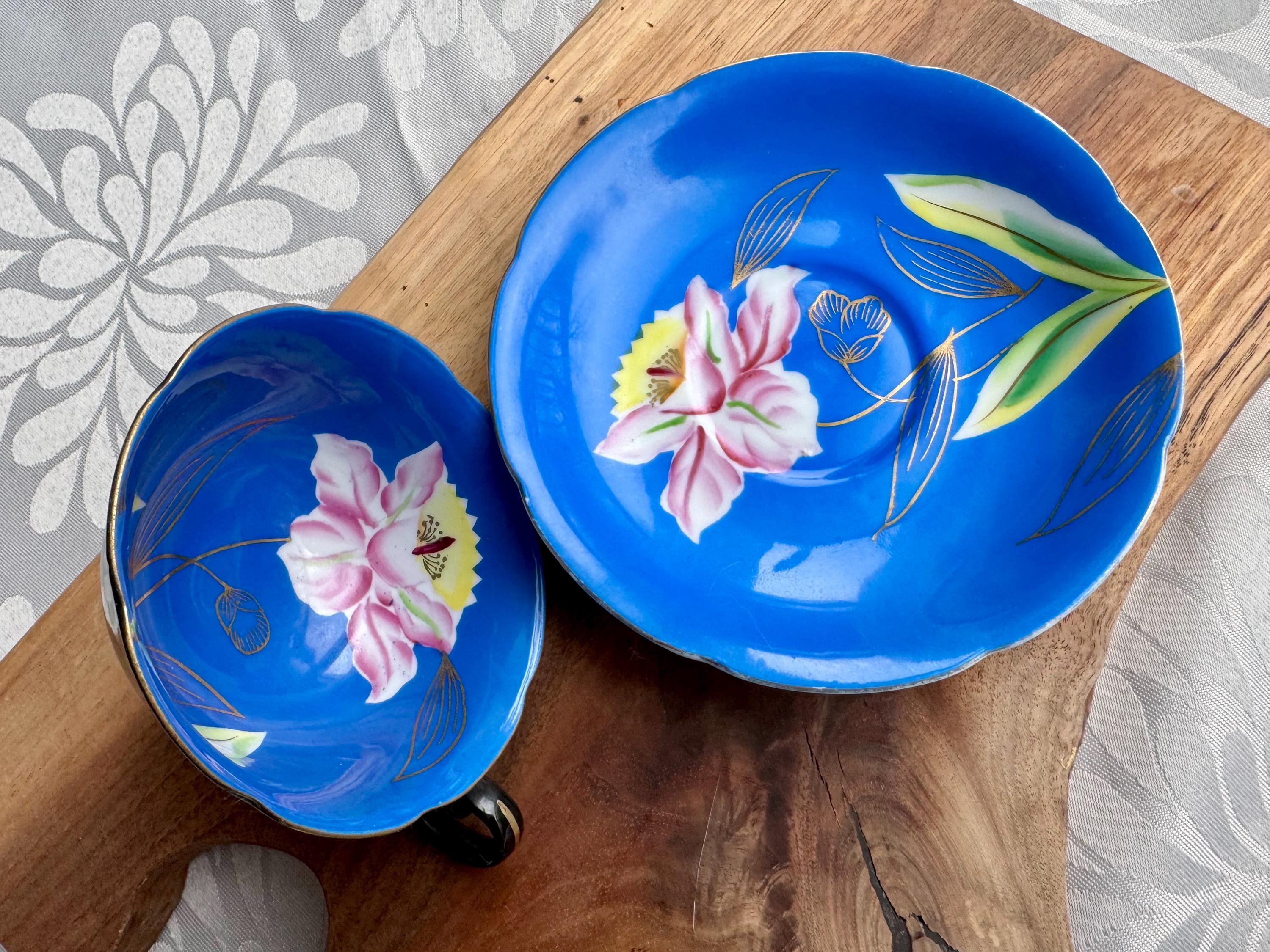 Vintage Princess China Japan Teacup & Saucer – Blue Interior, Black Exterior – Hand-Painted Floral