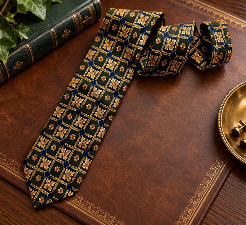 May include: A necktie featuring a dark green background with a repeating geometric pattern of gold floral motifs and small blue diamond shapes. The tie is constructed with a pointed end and a folded upper section, displaying a consistent woven texture.