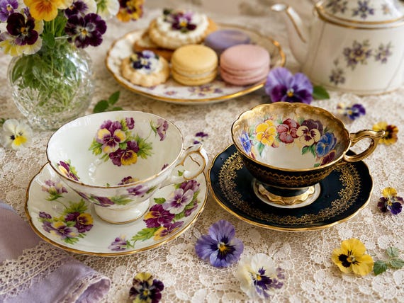 Vintage Pansies Bone China Teacup & Saucer – Royal Stafford or Hammersley – Made in England