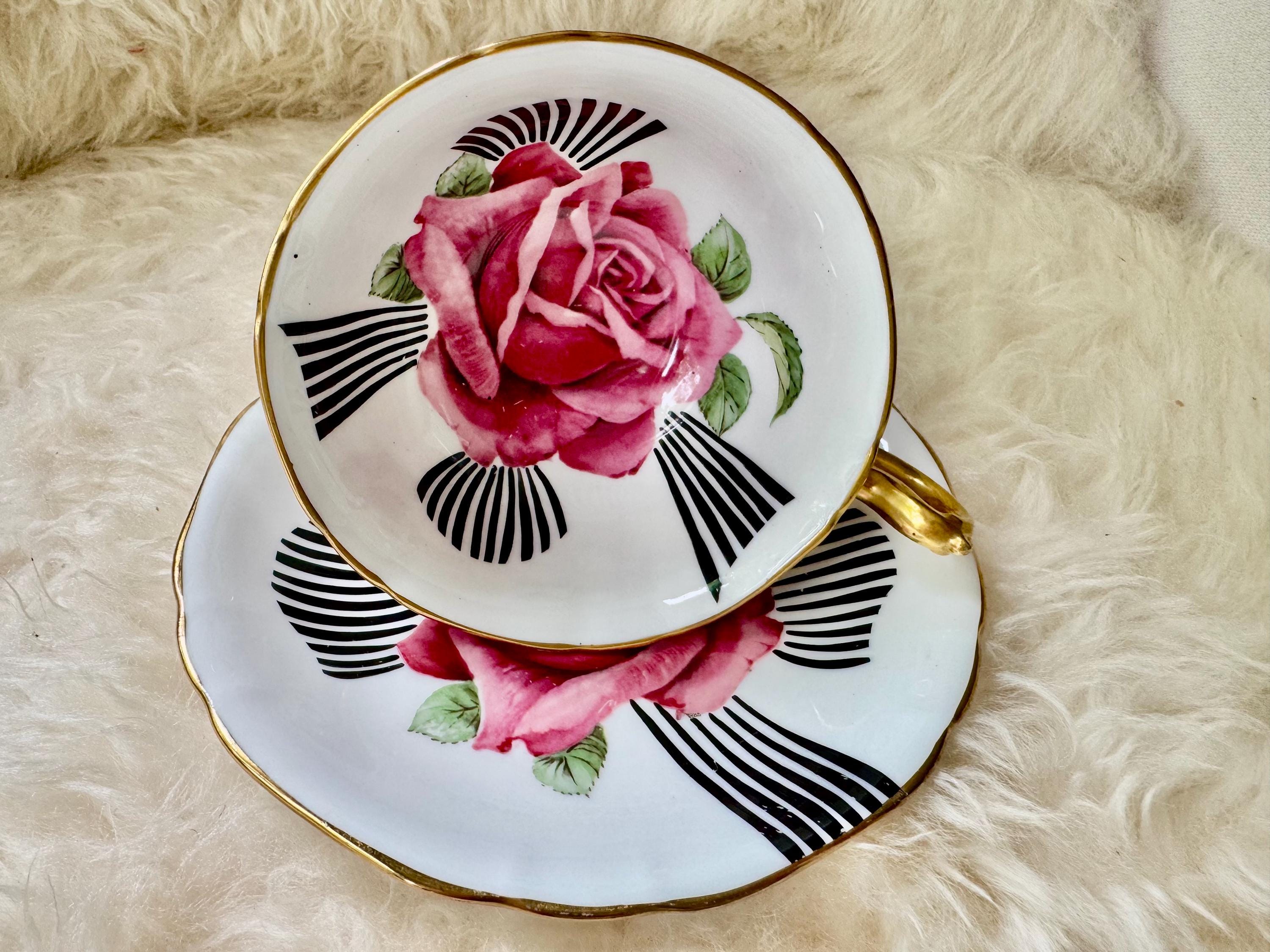 Vintage Mayfair Bone China England Teacup & Saucer – Bold Pink Rose Black Ribbon Design