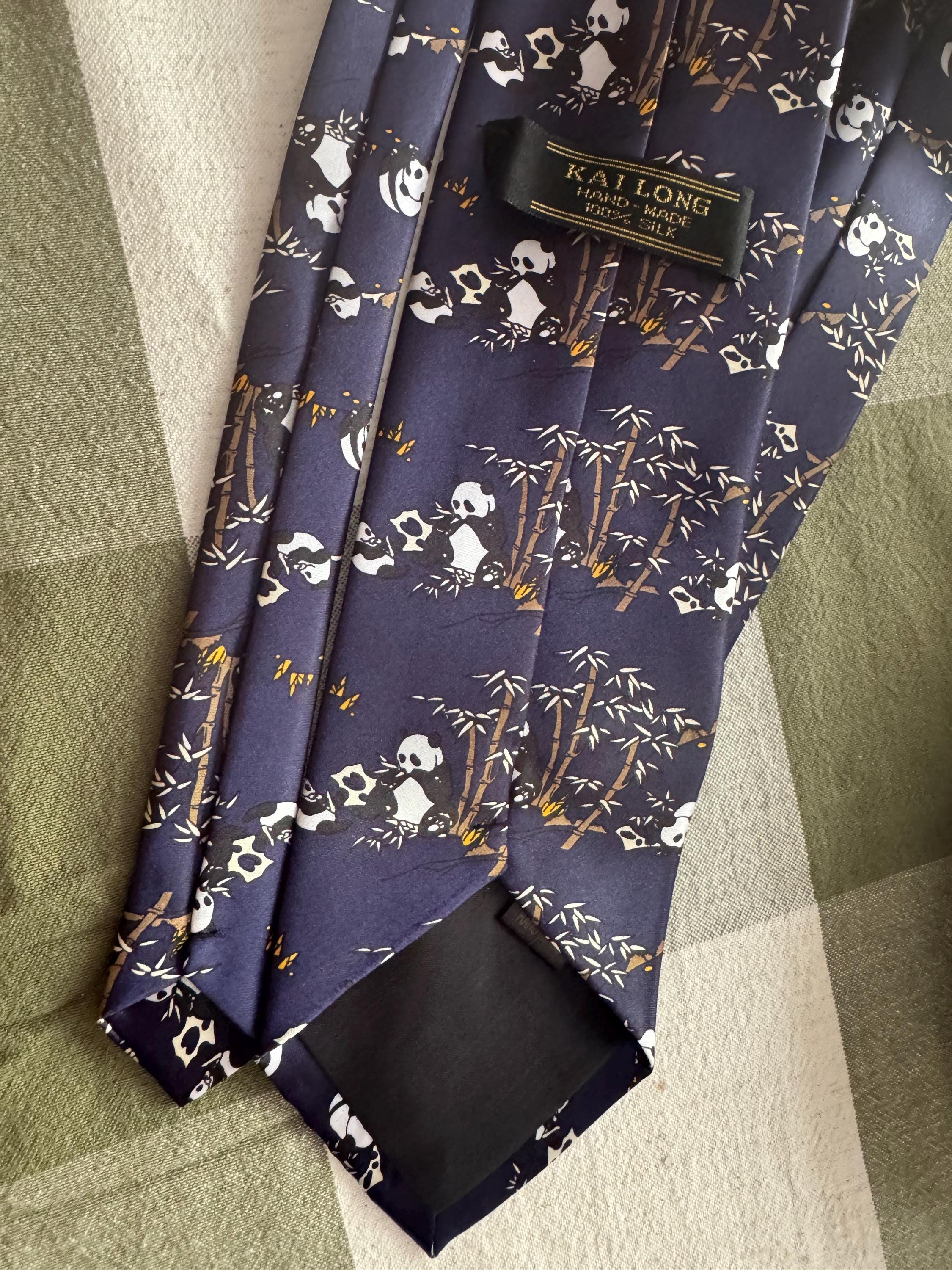 Vintage Kai Long Silk Necktie – Panda & Bamboo Novelty Tie – Never Worn